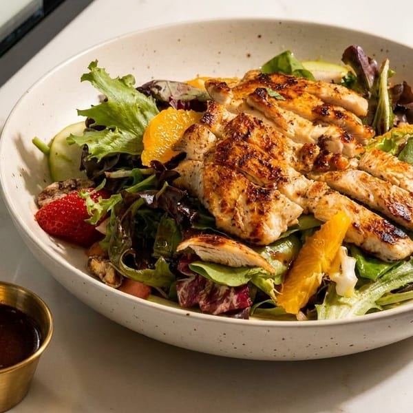 Grilled chicken salad with mixed greens, oranges, strawberries, and apples, with a side of dressing.