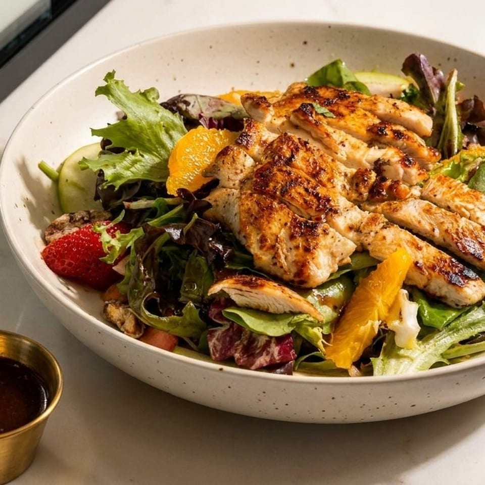 Grilled chicken salad with mixed greens, oranges, strawberries, and apples, with a side of dressing.