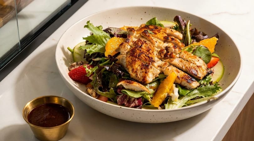Grilled chicken salad with mixed greens, oranges, strawberries, and apples, with a side of dressing.