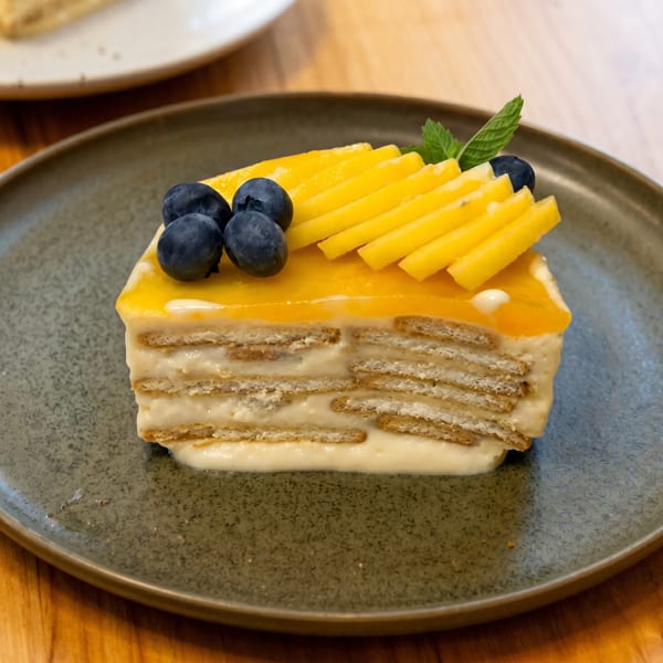 A slice of mango float cake with blueberries and mint on a dark plate.