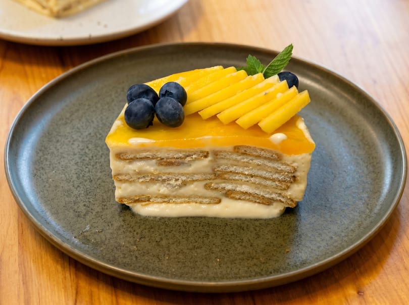 A slice of mango float cake with blueberries and mint on a dark plate.
